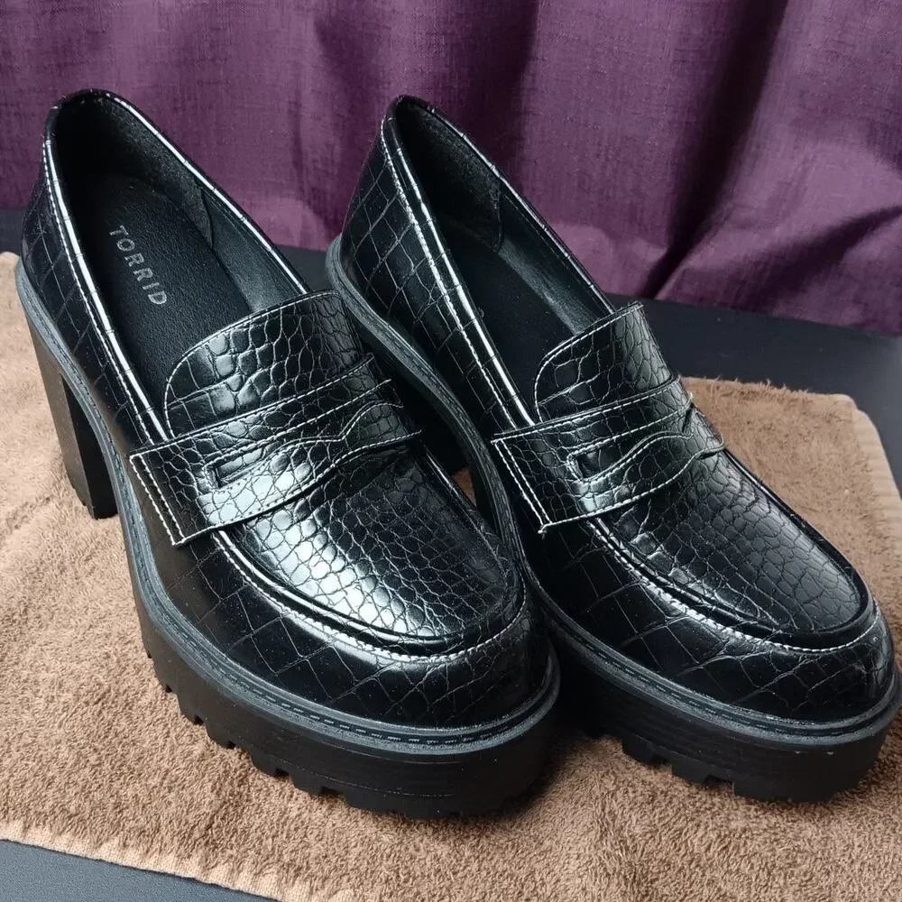 Torrid Croco Platform Heeled Loafers Womens 11.5 WW Black Chunky Goth Schoolgirl